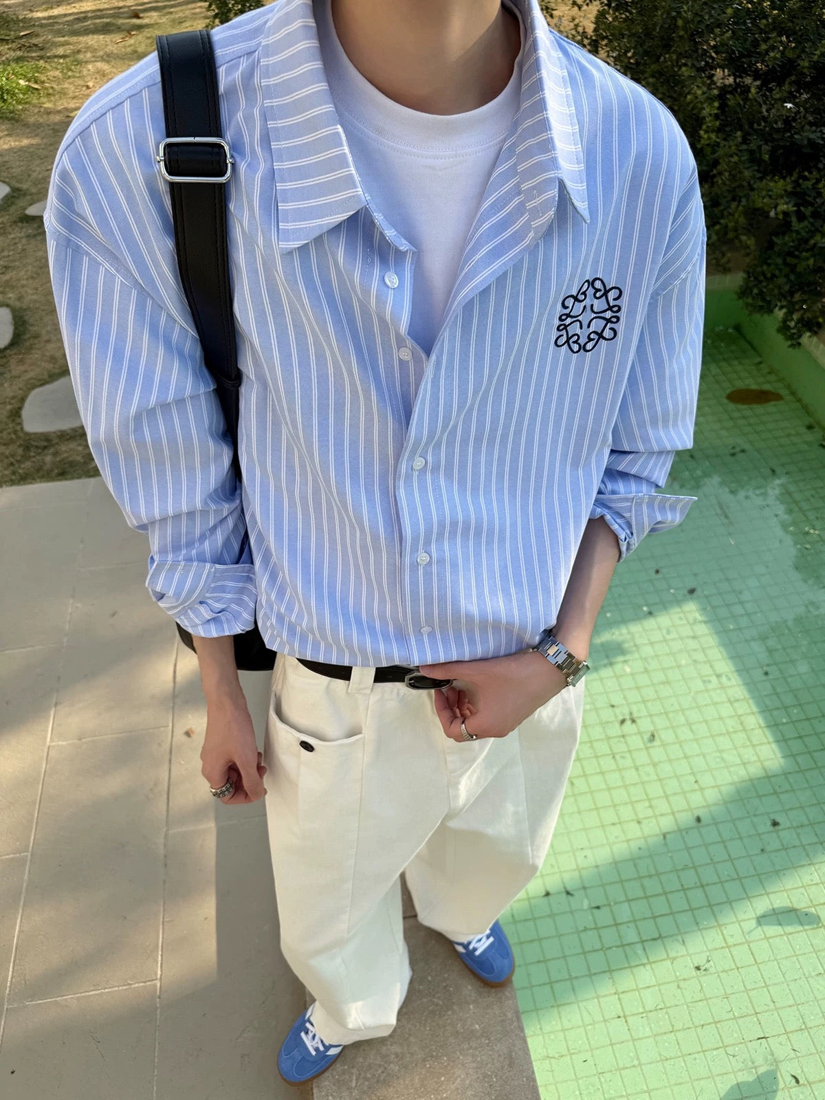 Celestial logo embroidered striped shirt