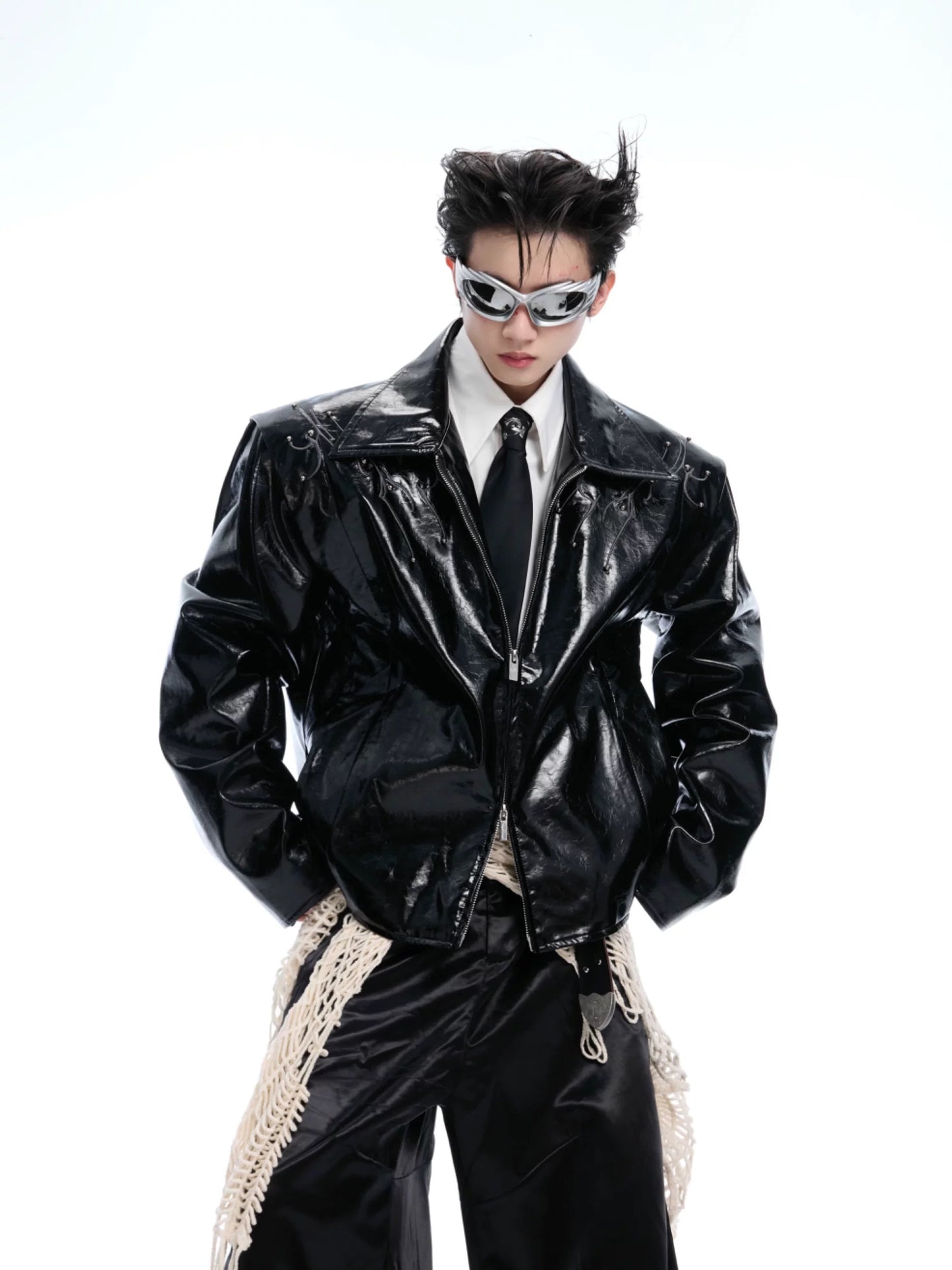 Deceptive eye spine rivet shiny leather jacket