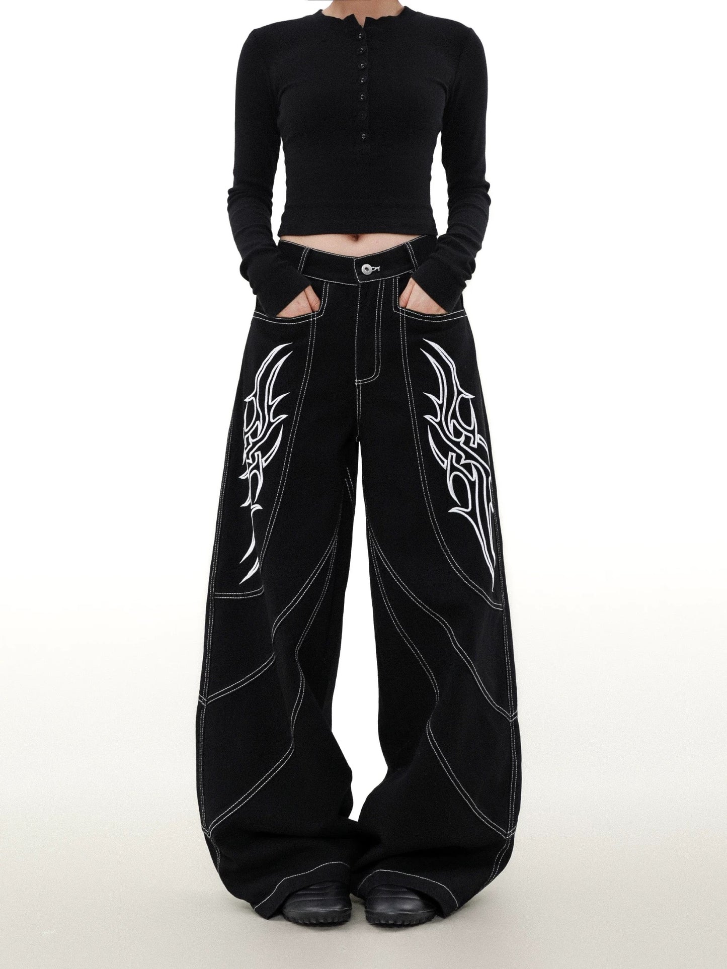 Street embroidered wide denim pants