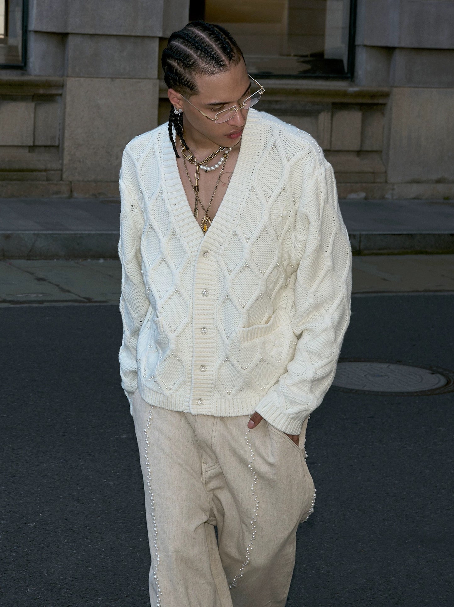 Pearl beach wool blend loose knit cardigan