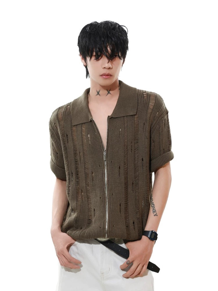 High street hollow collar knit short sleeve