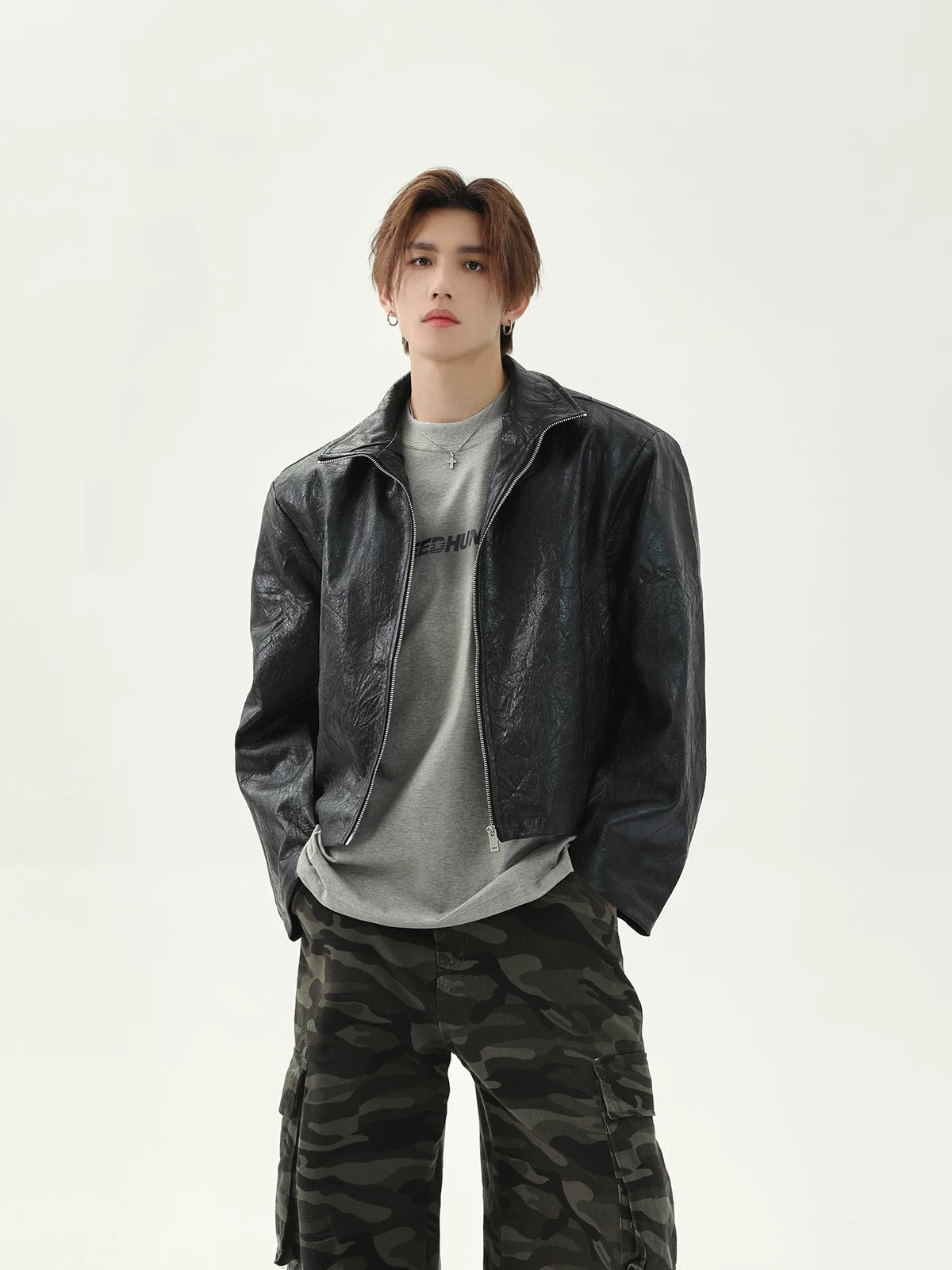 Crack short fake leather jacket