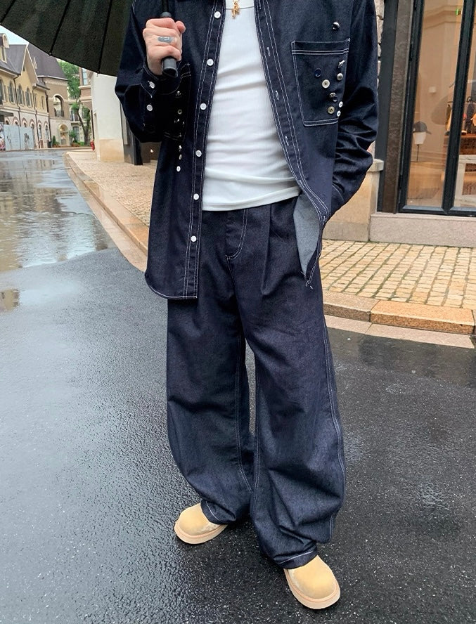 Korean street deconstructed button denim pants