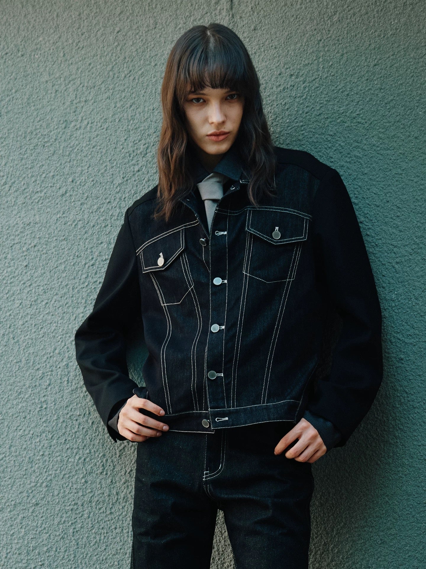 Silent shadows geometry refined denim jacket