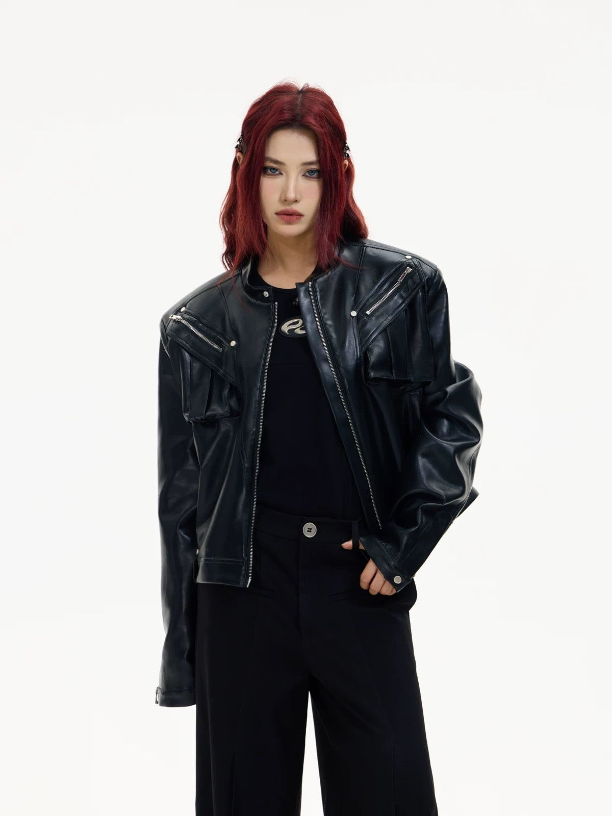Metal zipper short motorcycle classic leather jacket