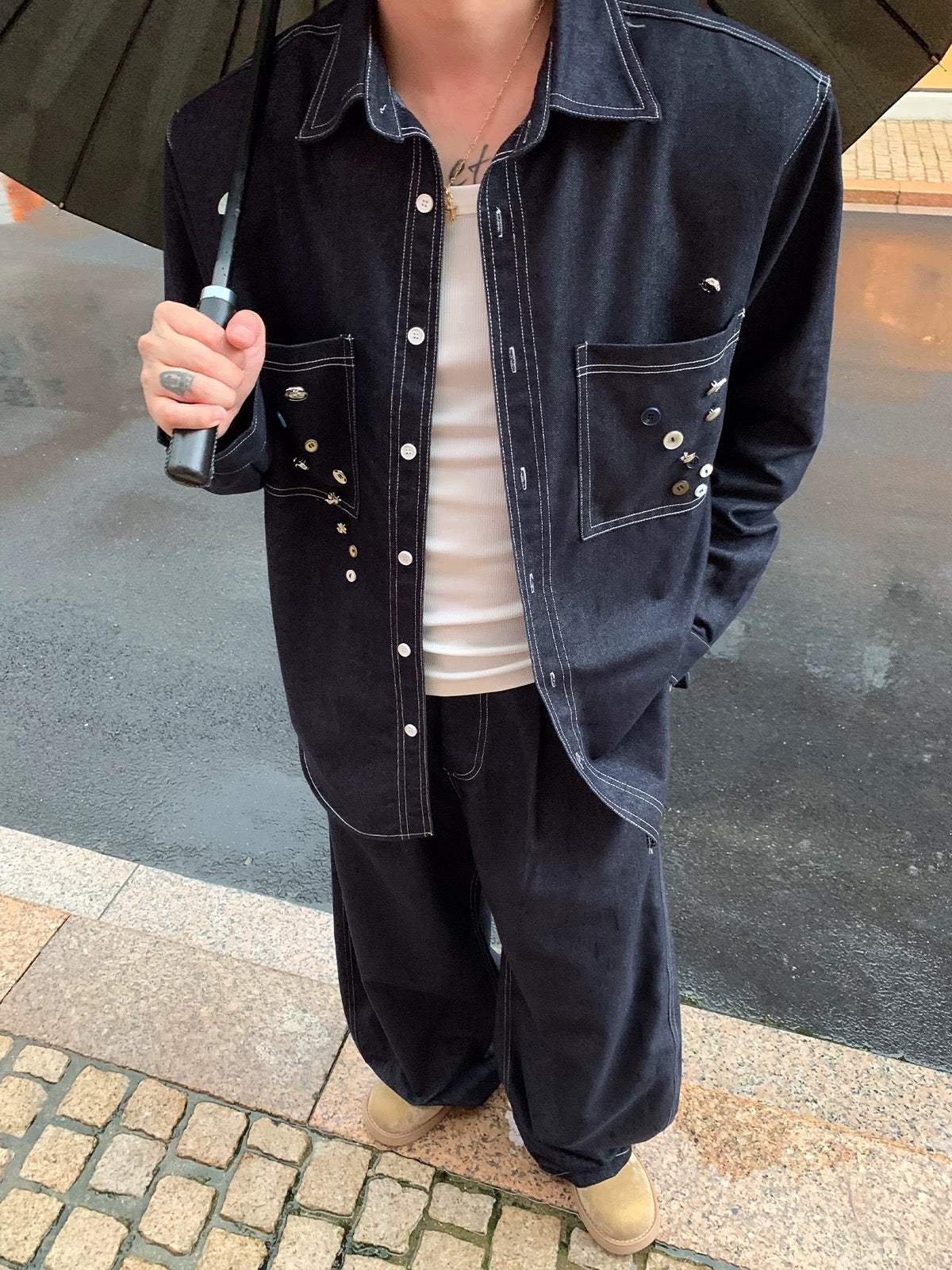 Korean street deconstructed button denim jacket