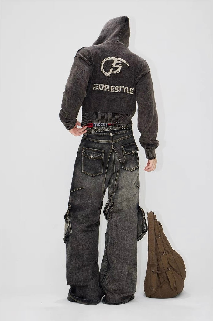 Spiny structure thorn zippered pockets denim pants