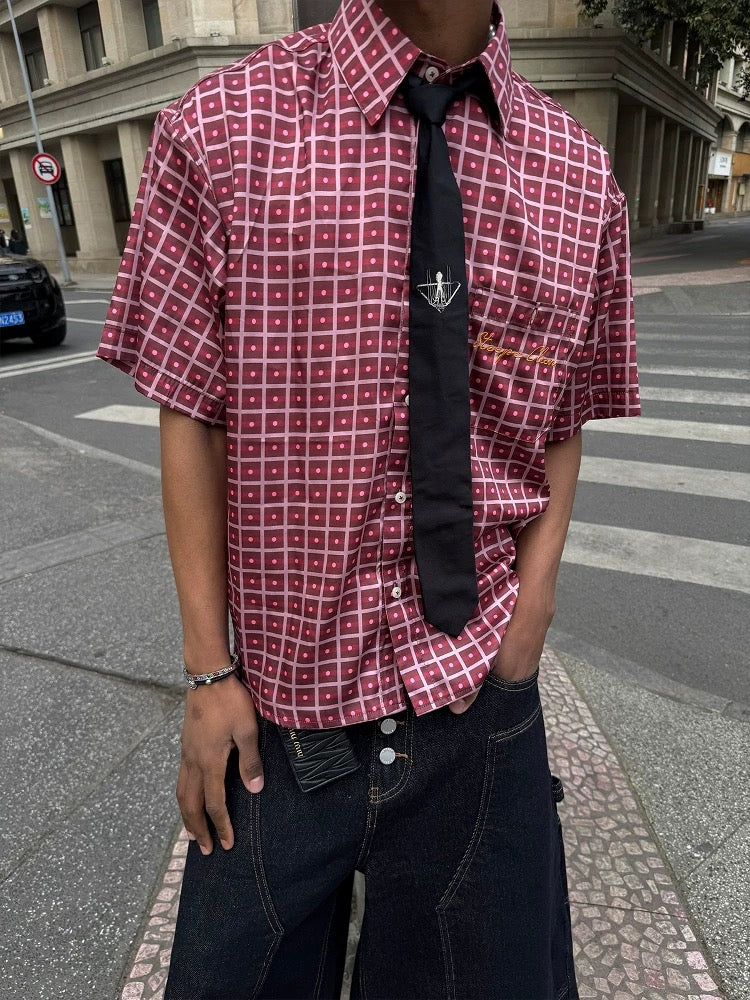 Red plaid boxy collar short sleeve shirt