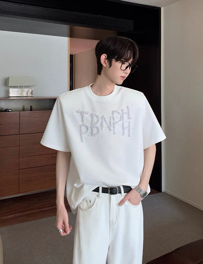 Trendy pearl letter vogue short sleeve t-shirt
