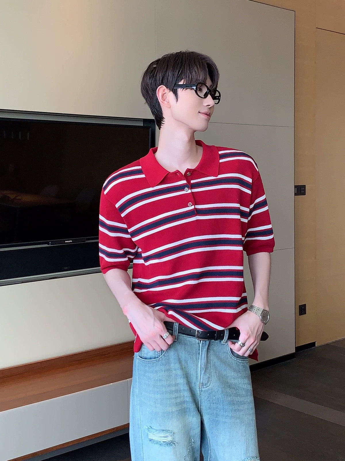Iconic Korean street red striped polo shirt