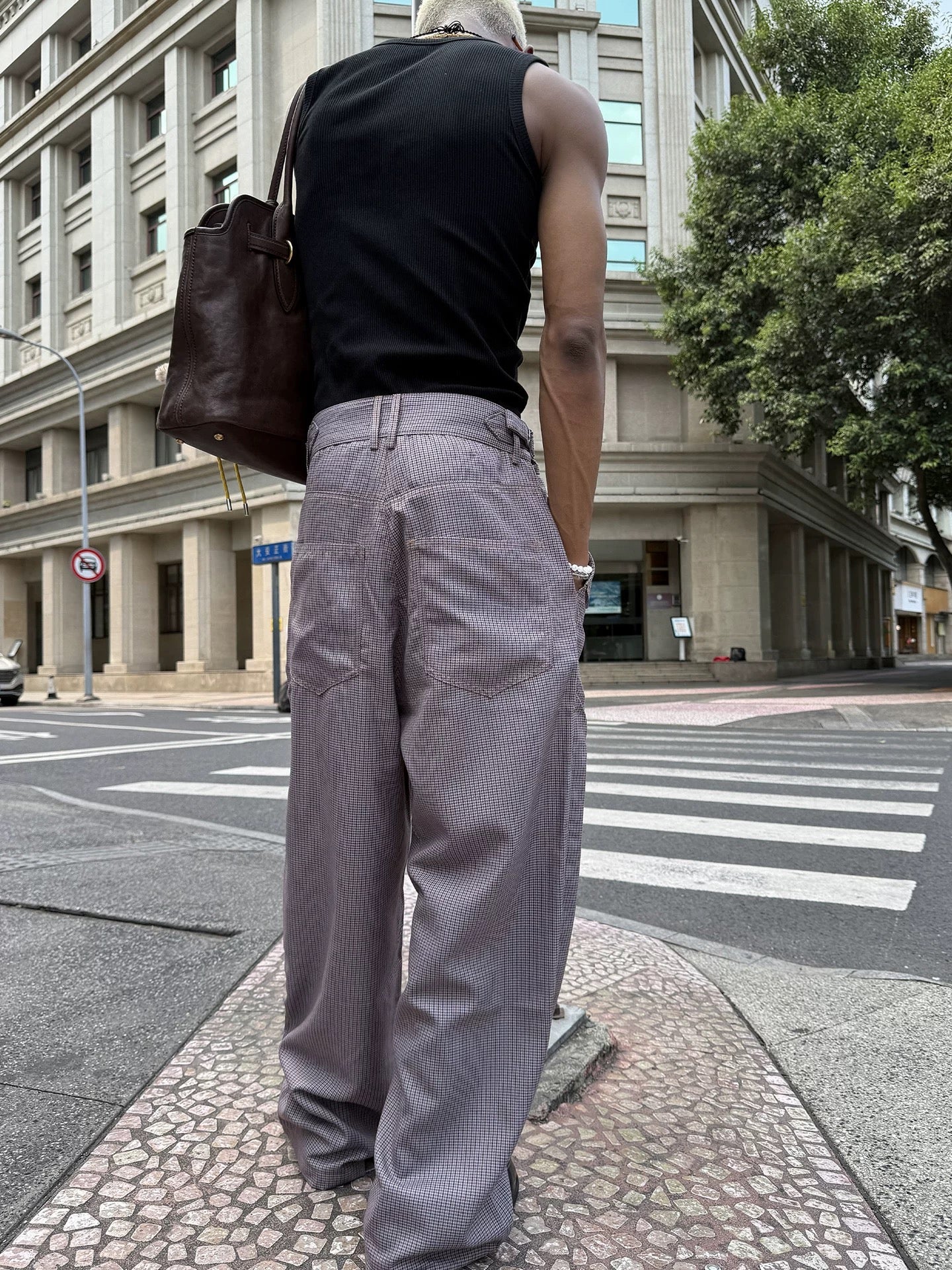 Houndstooth check 3D cut baggy western pants