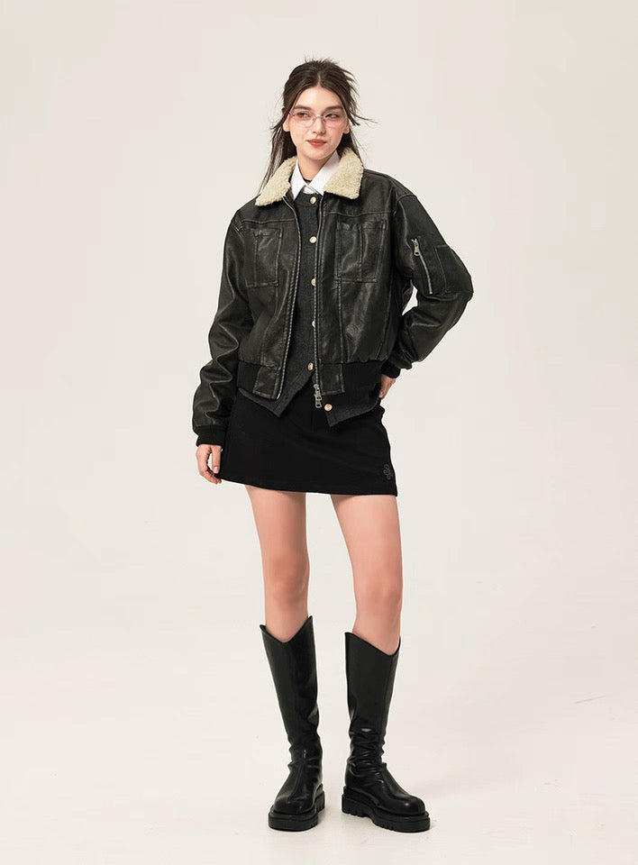 Aviator seoul dark mode shearling leather jacket