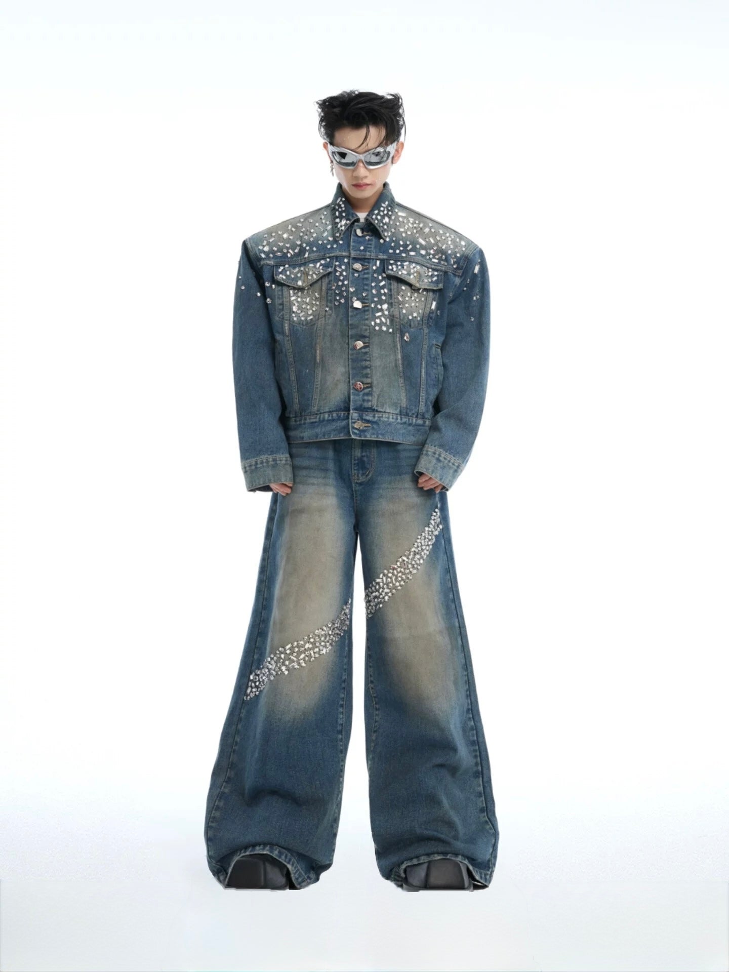 Sparkling diamond pad denim setup pants