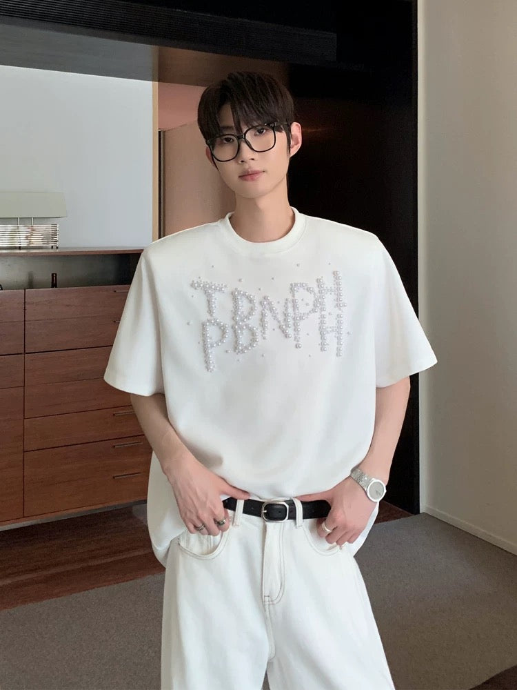 Trendy pearl letter vogue short sleeve t-shirt