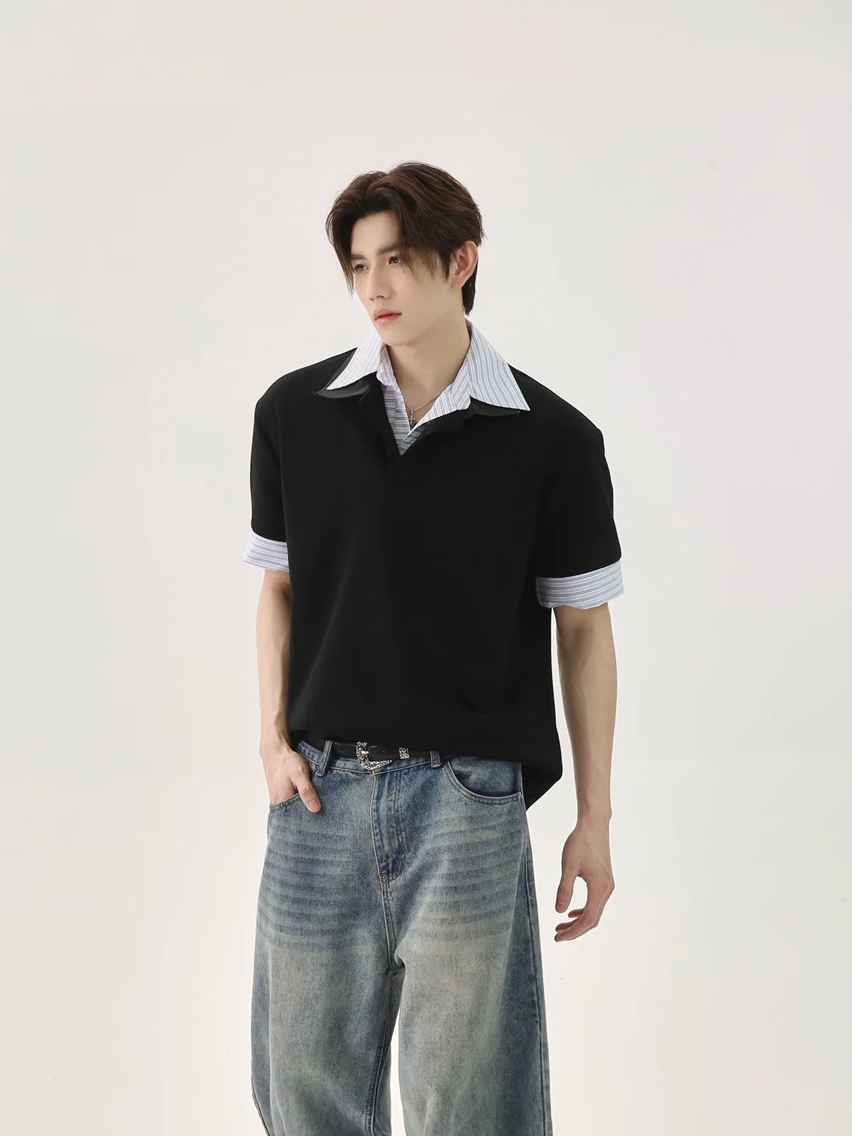 Stitching striped versatile polo shirt