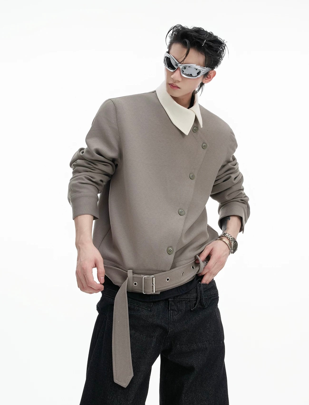 Asymmetric symphony belted cosmic sweater
