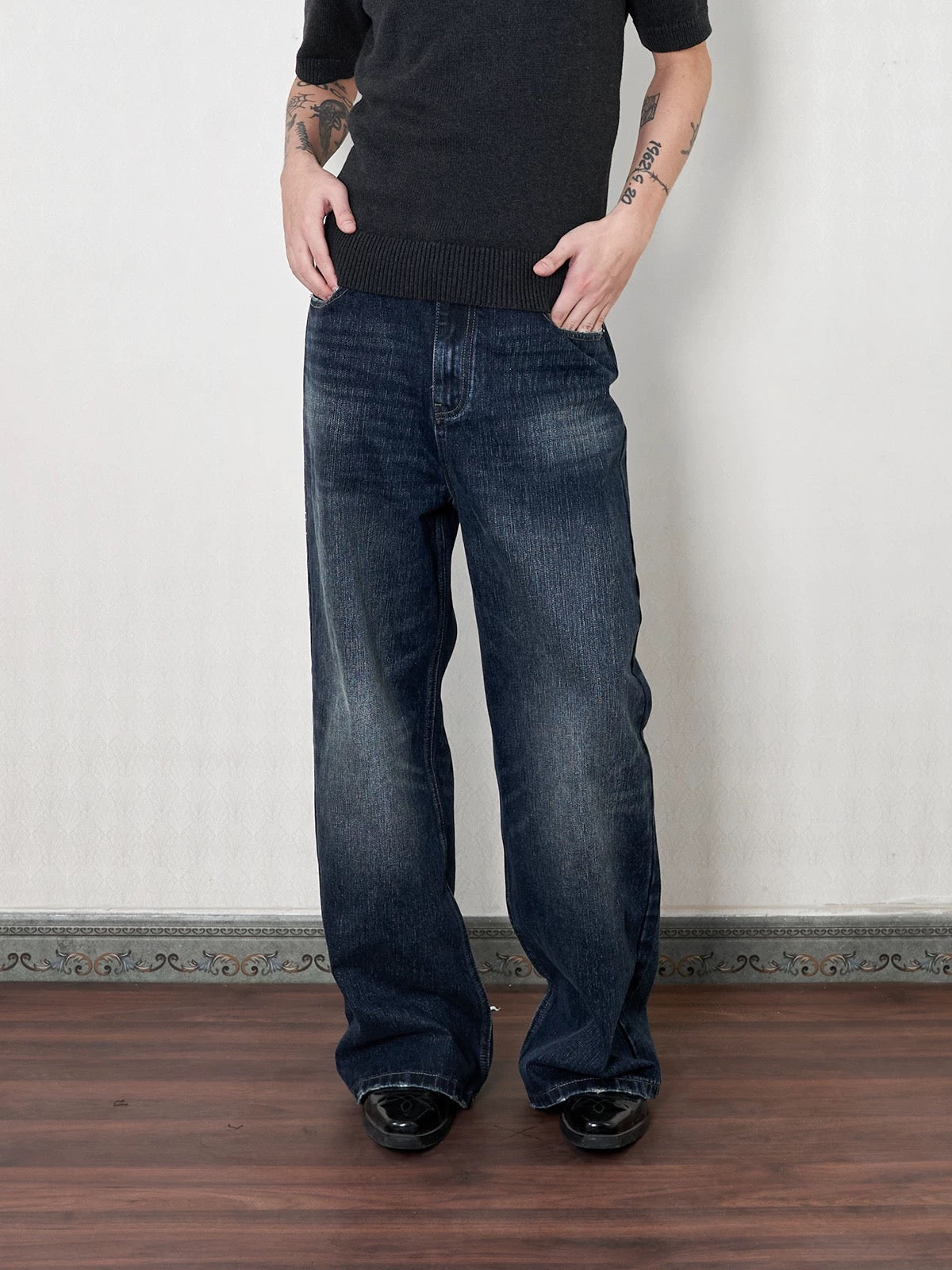 Deep haze firecracker washed half print denim pants