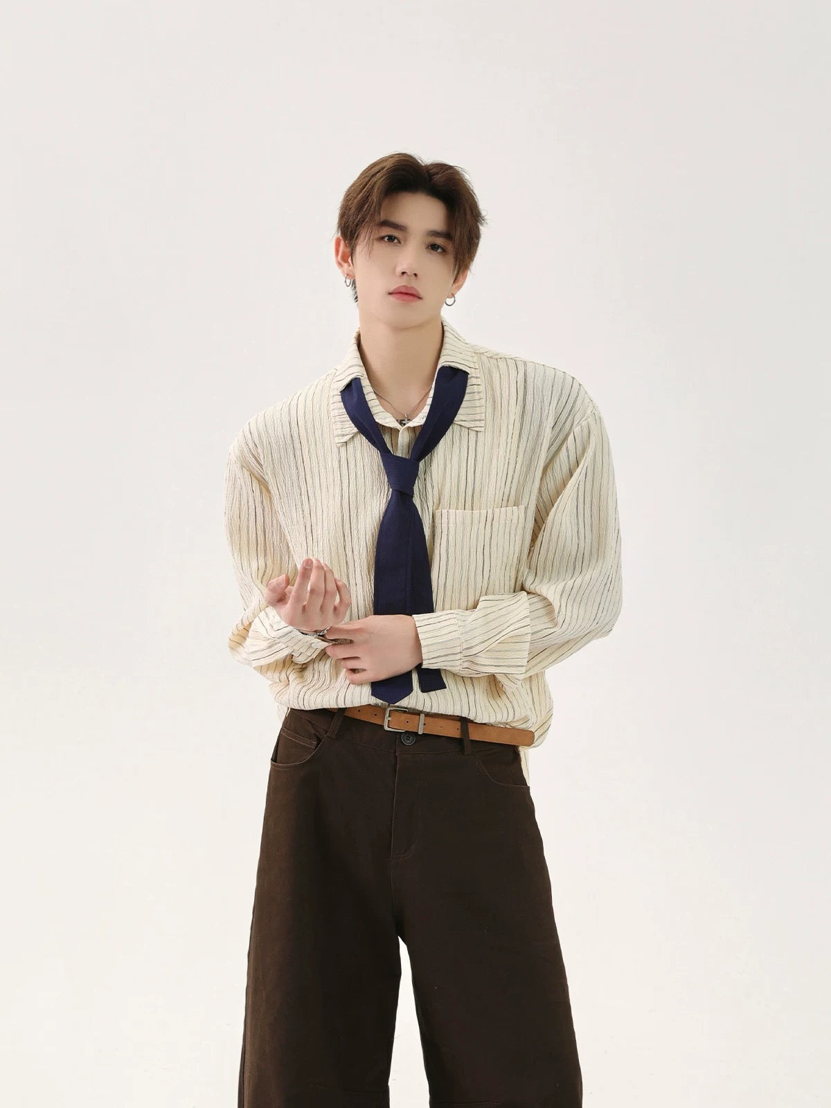 Color coded striped design tie long sleeve shirt