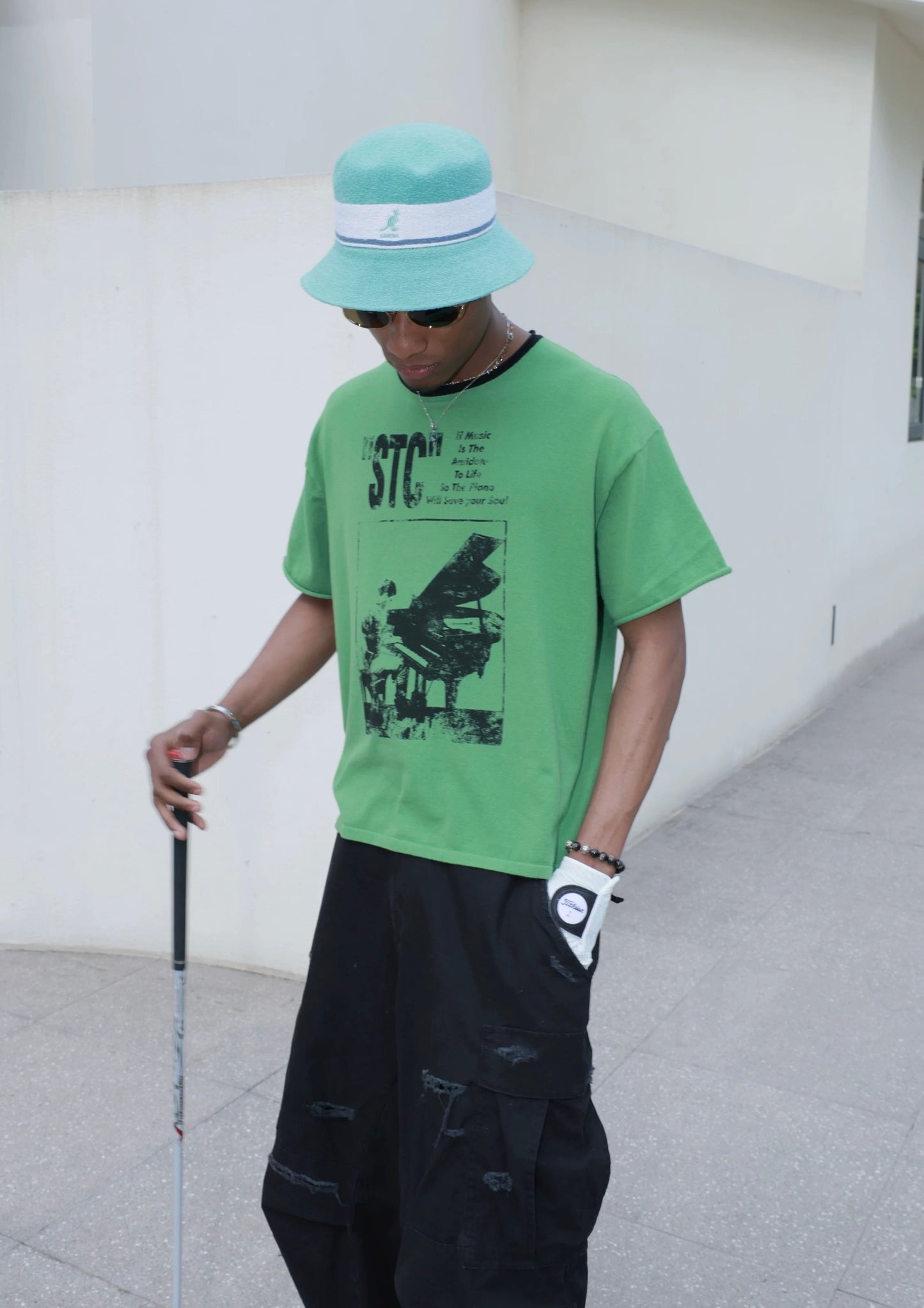 Green organic knitted printed t-shirt