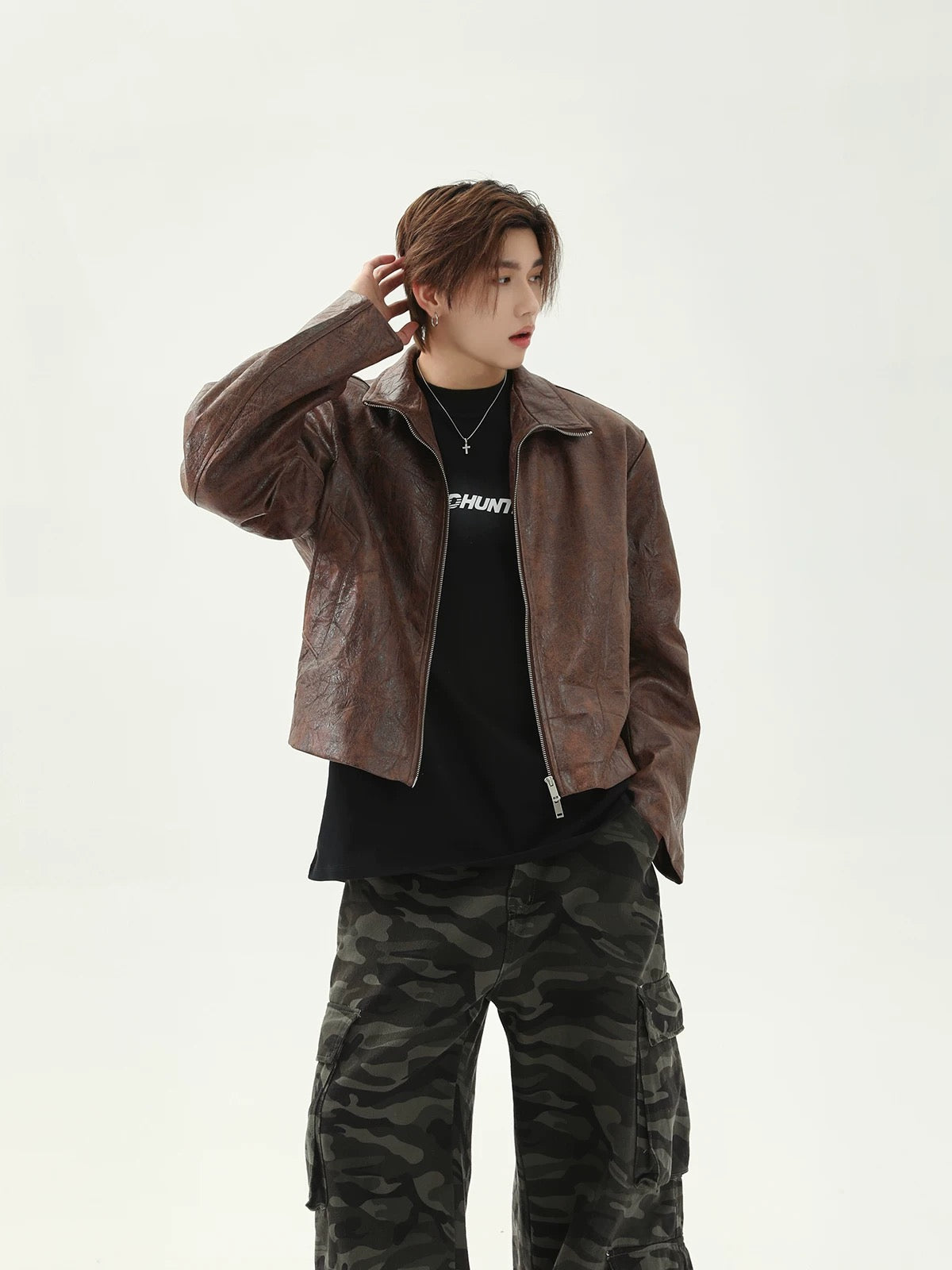 Crack short fake leather jacket