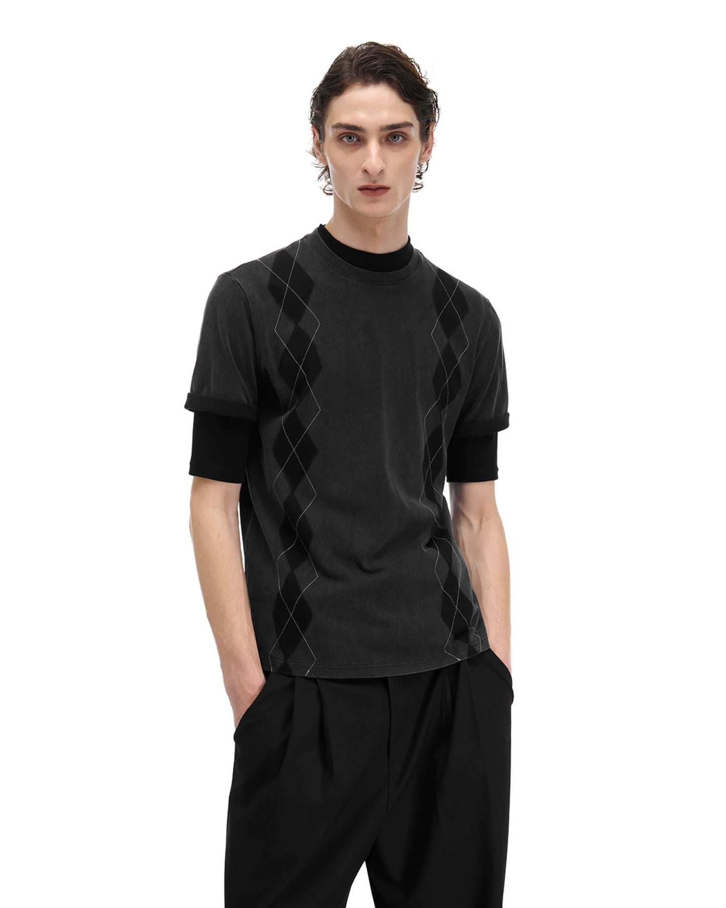 Embroidered bandage geometric check short sleeve