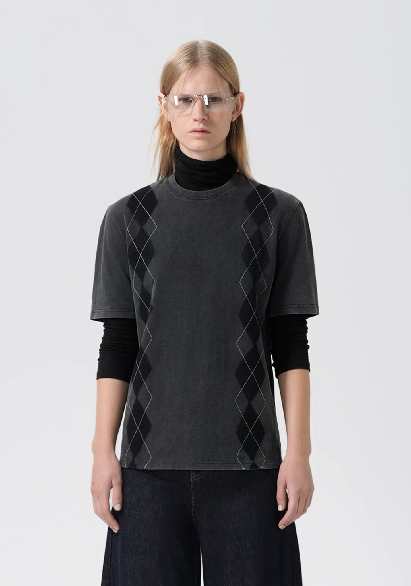 Embroidered bandage geometric check short sleeve