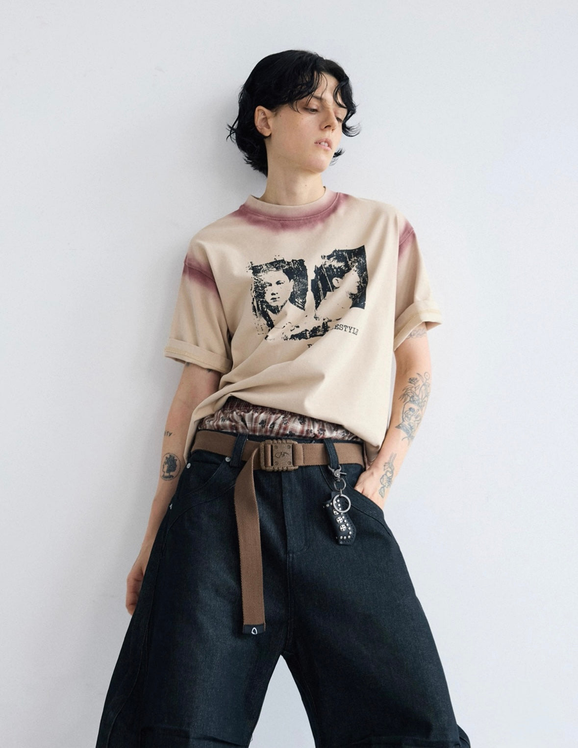 Hand printed color colluted splice t-shirt