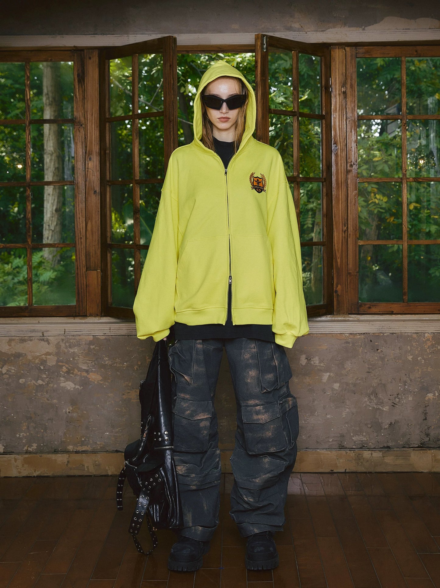 British decrypted sparkling fluorescent yellow zip hoodie