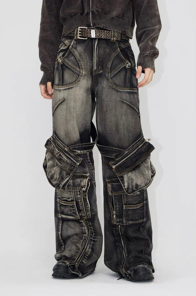 Spiny structure thorn zippered pockets denim pants