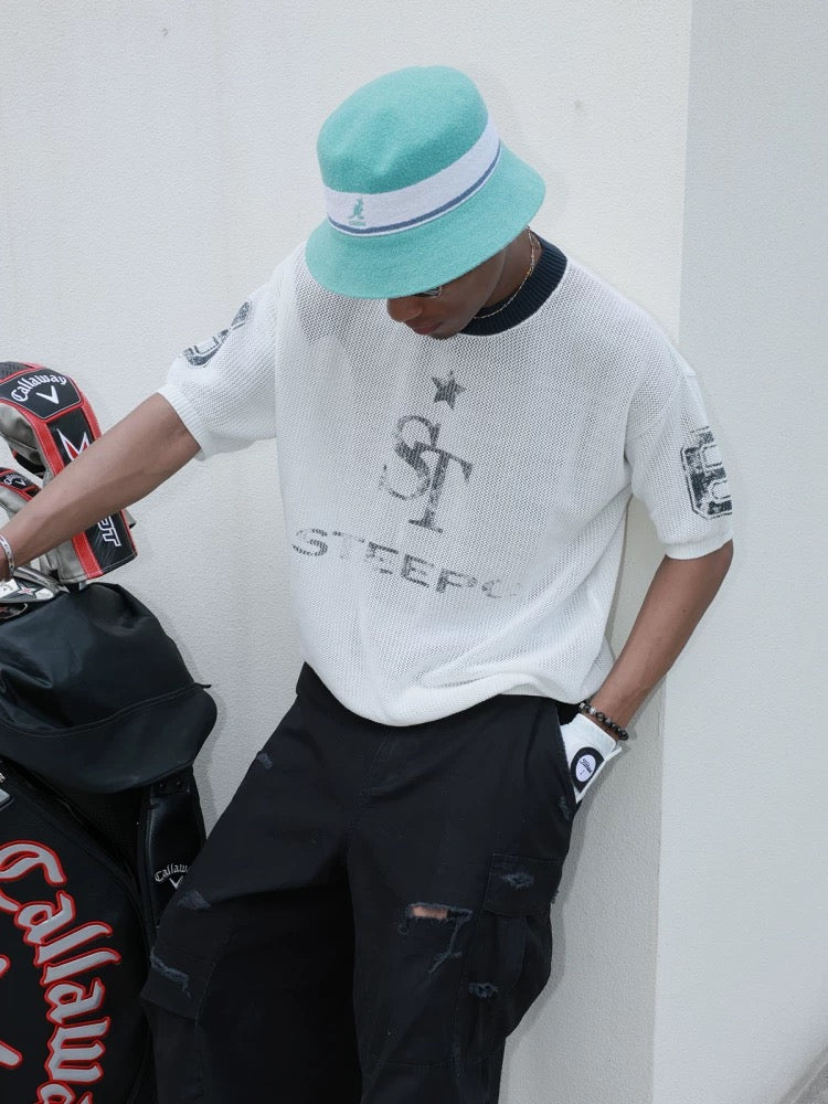 ST star round neck mesh knit t-shirt
