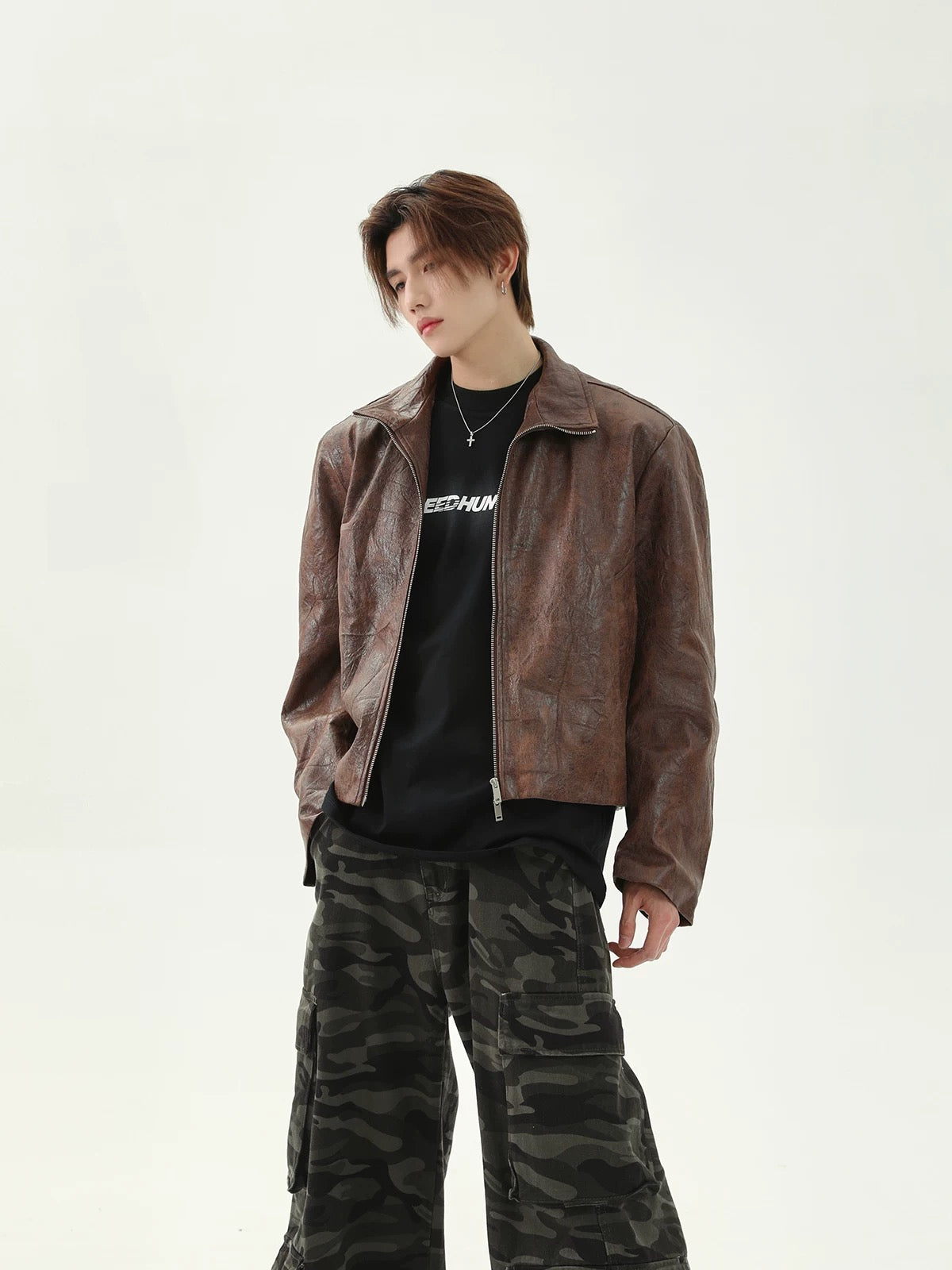 Crack short fake leather jacket