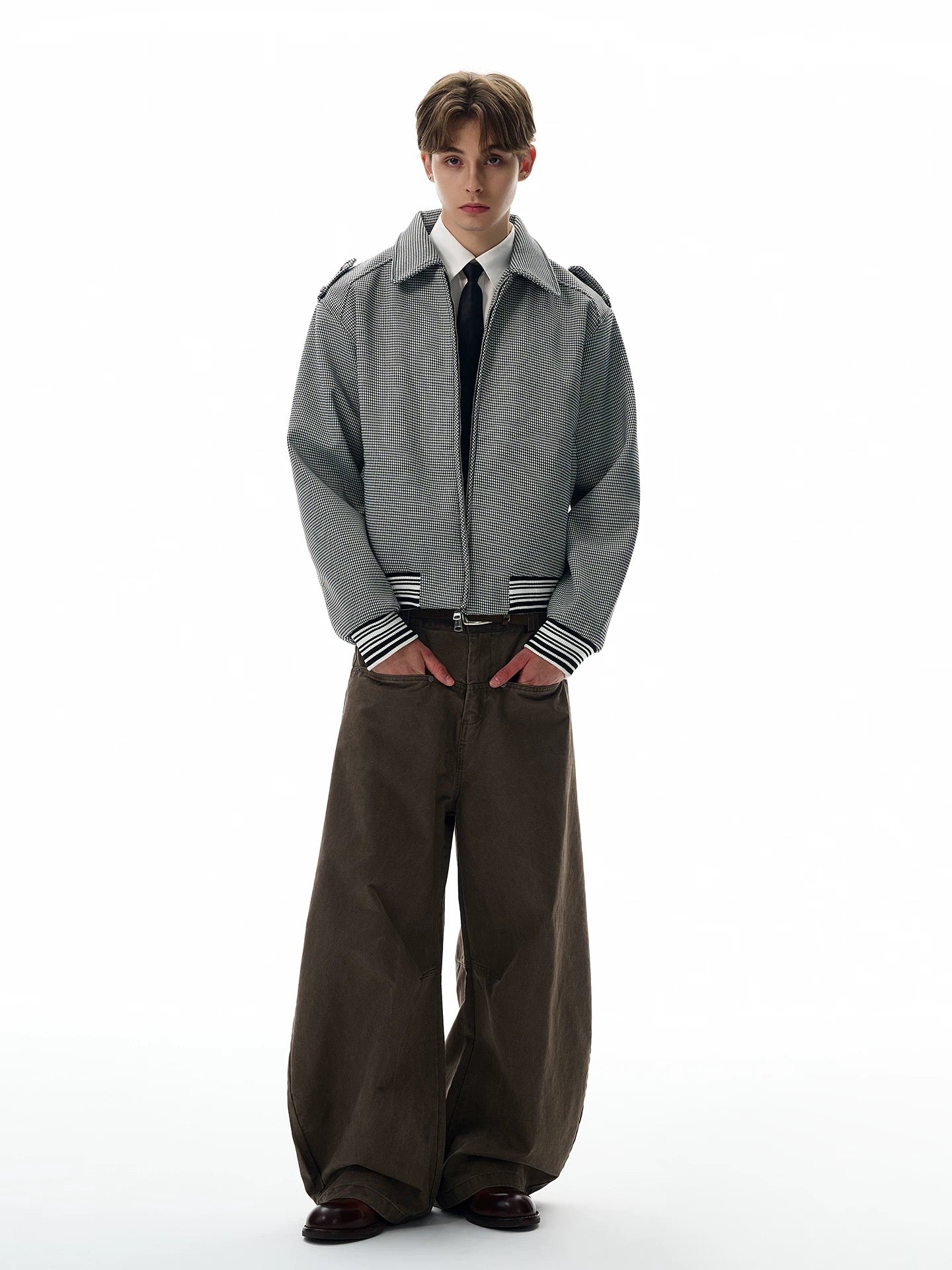 Houndstooth pattern cropped bomber jacket