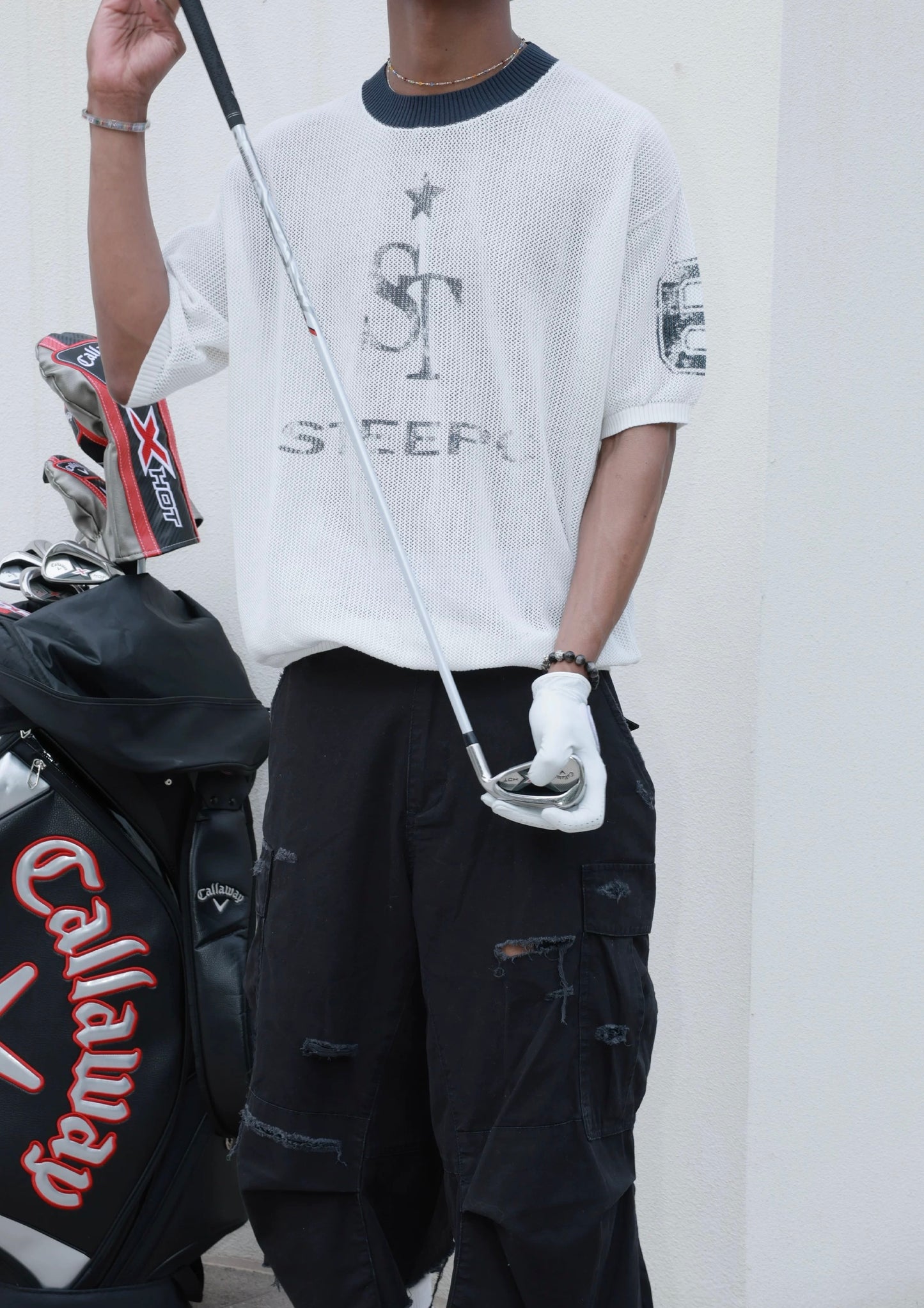 ST star round neck mesh knit t-shirt