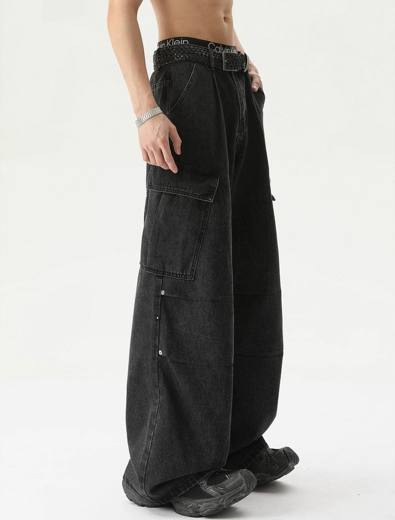 Multi pockets sensational wide leg denim pants