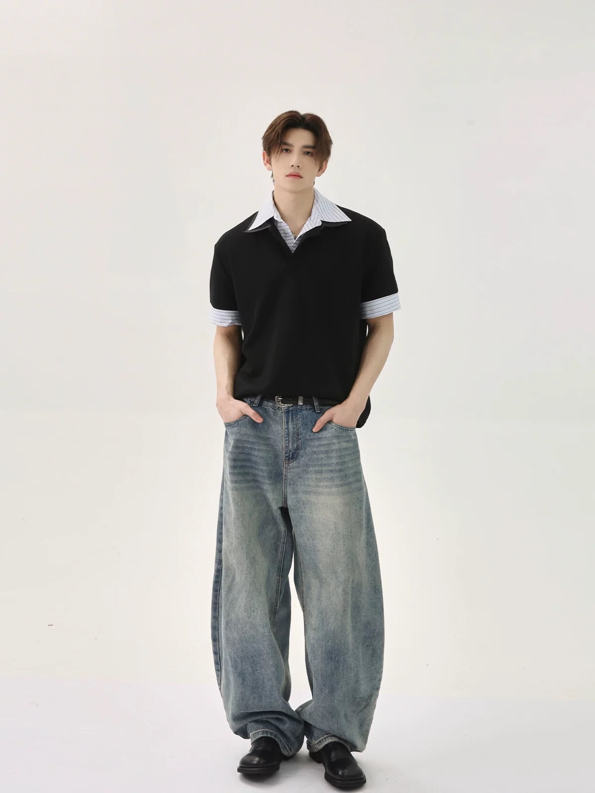Stitching striped versatile polo shirt