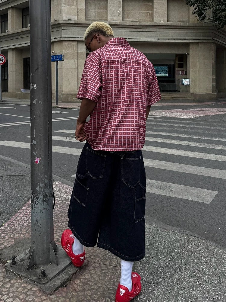 Red plaid boxy collar short sleeve shirt
