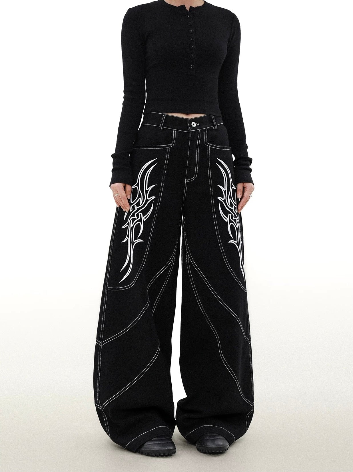 Street embroidered wide denim pants