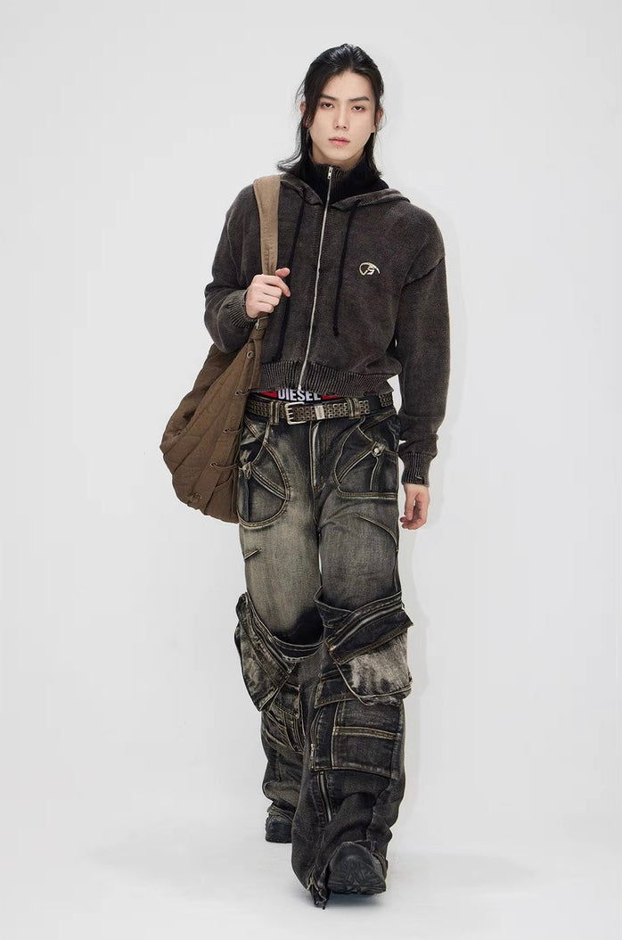 Spiny structure thorn zippered pockets denim pants