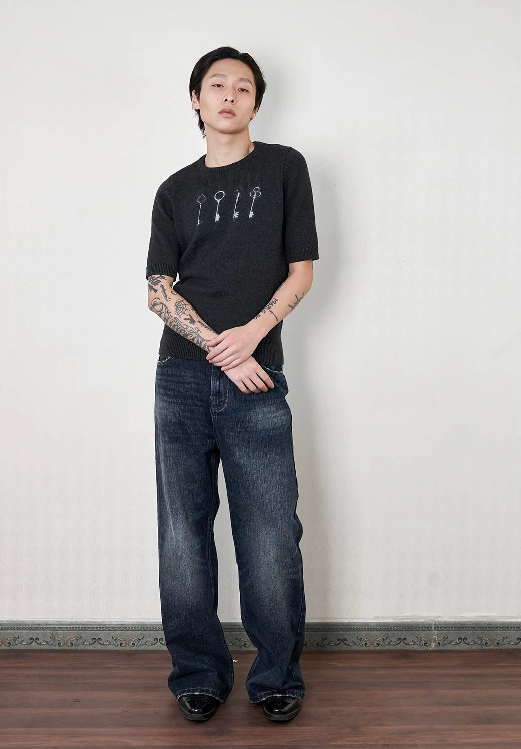 Deep haze firecracker washed half print denim pants