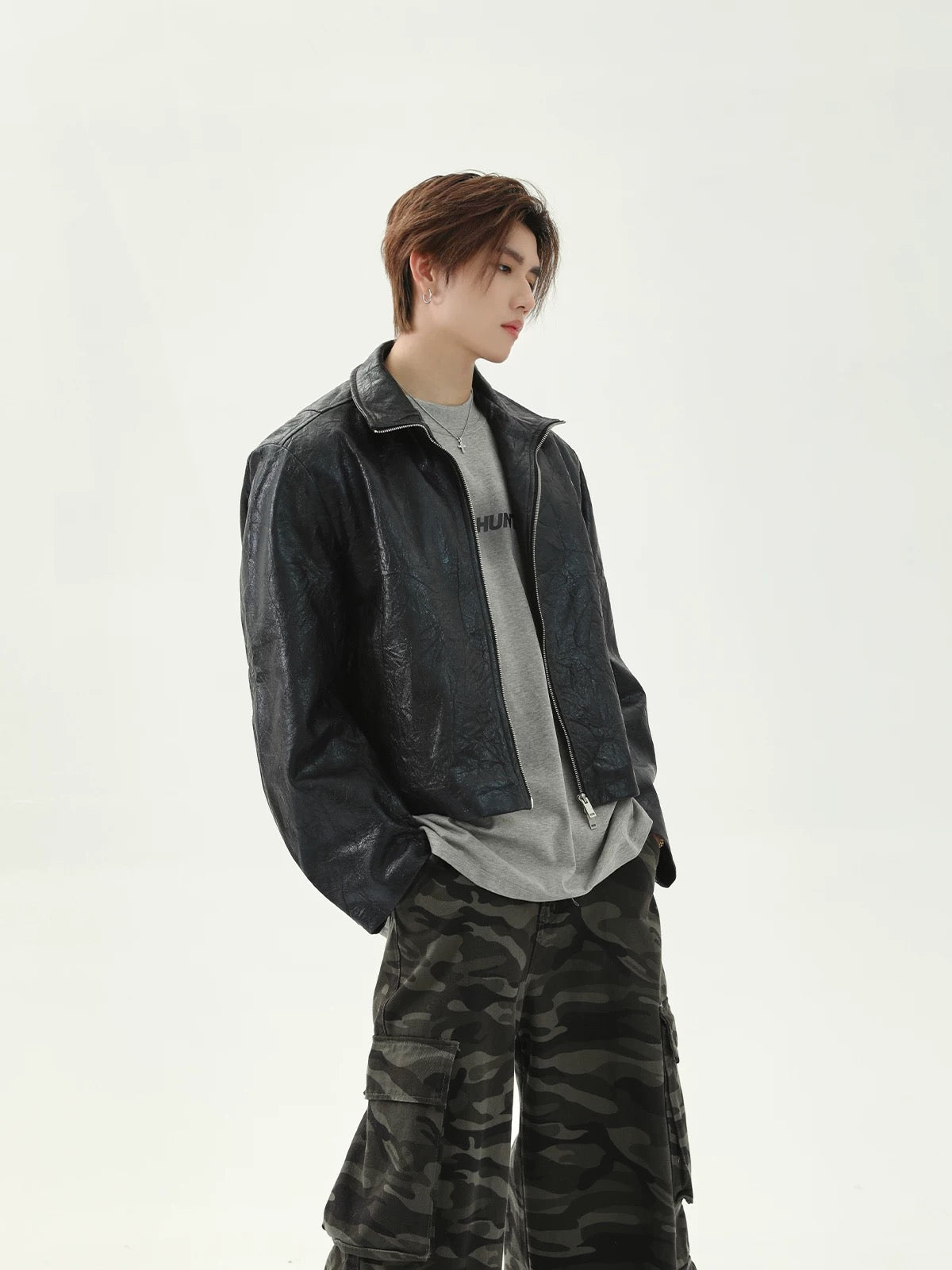 Crack short fake leather jacket
