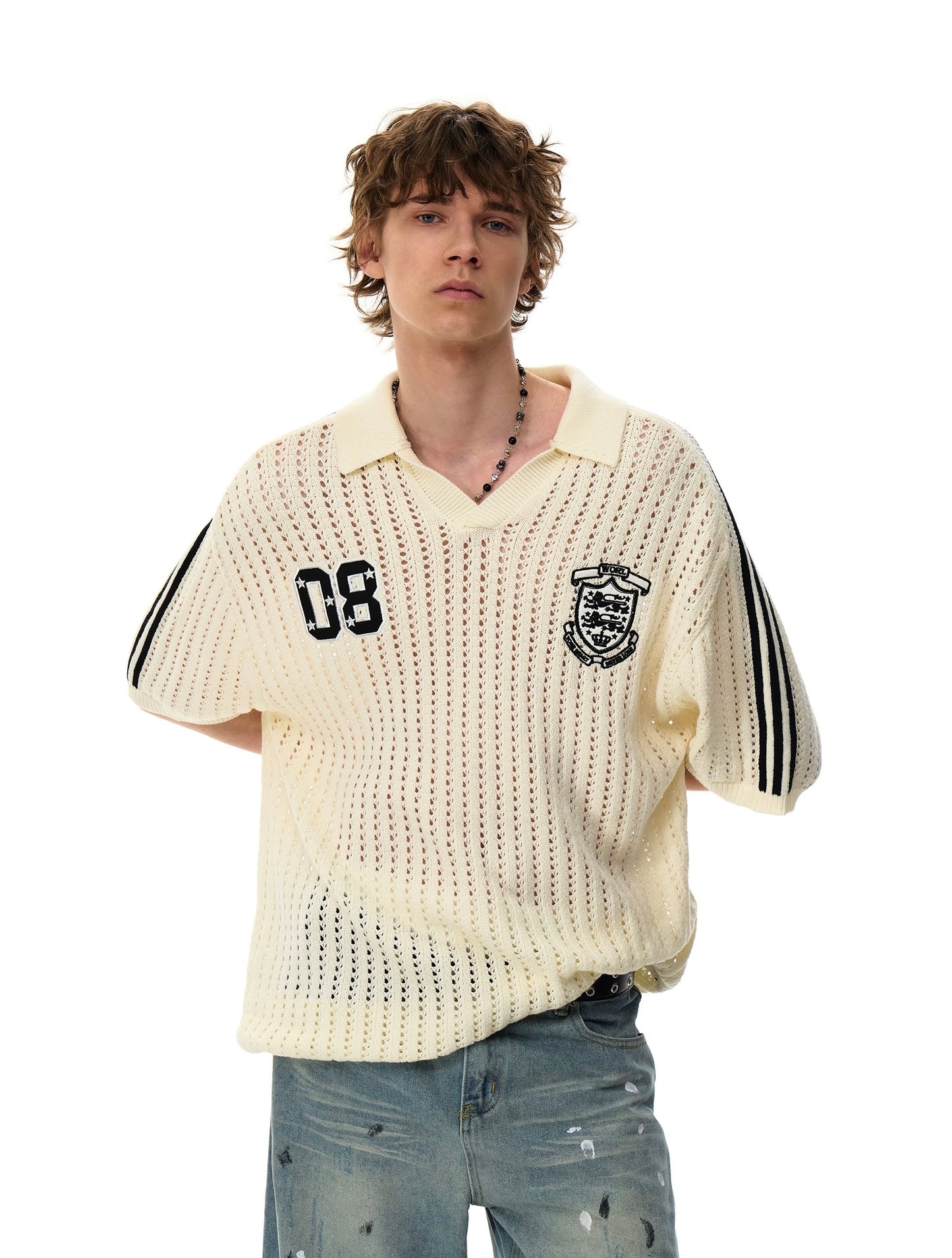 Mesh knitted sports uniform style polo shirt