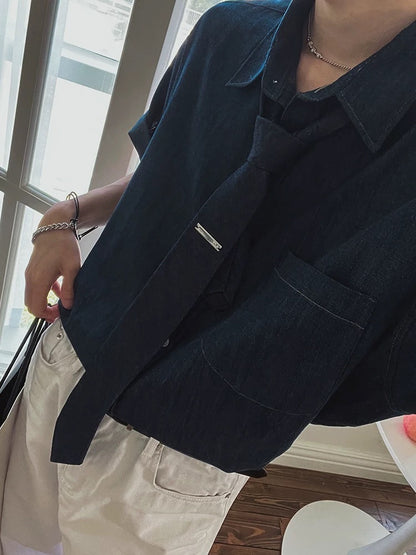 Modern Korean style denim tie short sleeve shirt