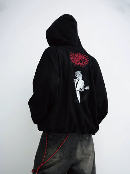 Five red star embroidered black hoodie