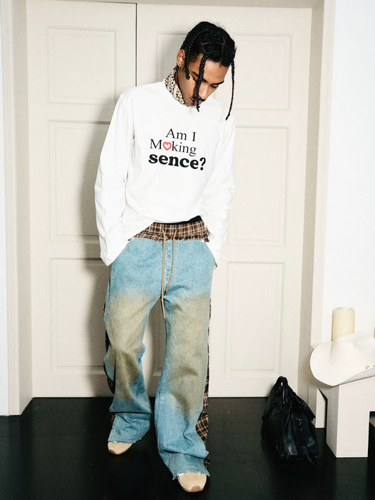 Slogan text solid color loose long sleeve t-shirt