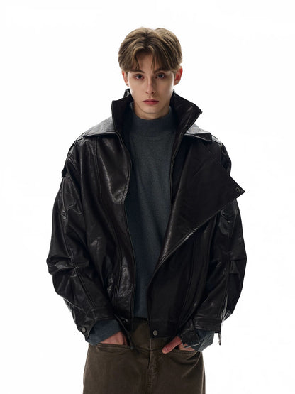 Geometric asymmetrical leather jacket