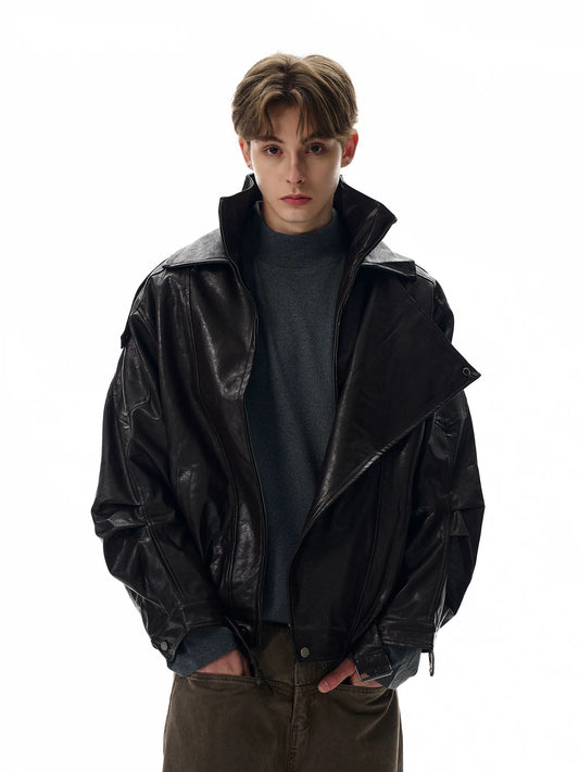 Geometric asymmetrical leather jacket