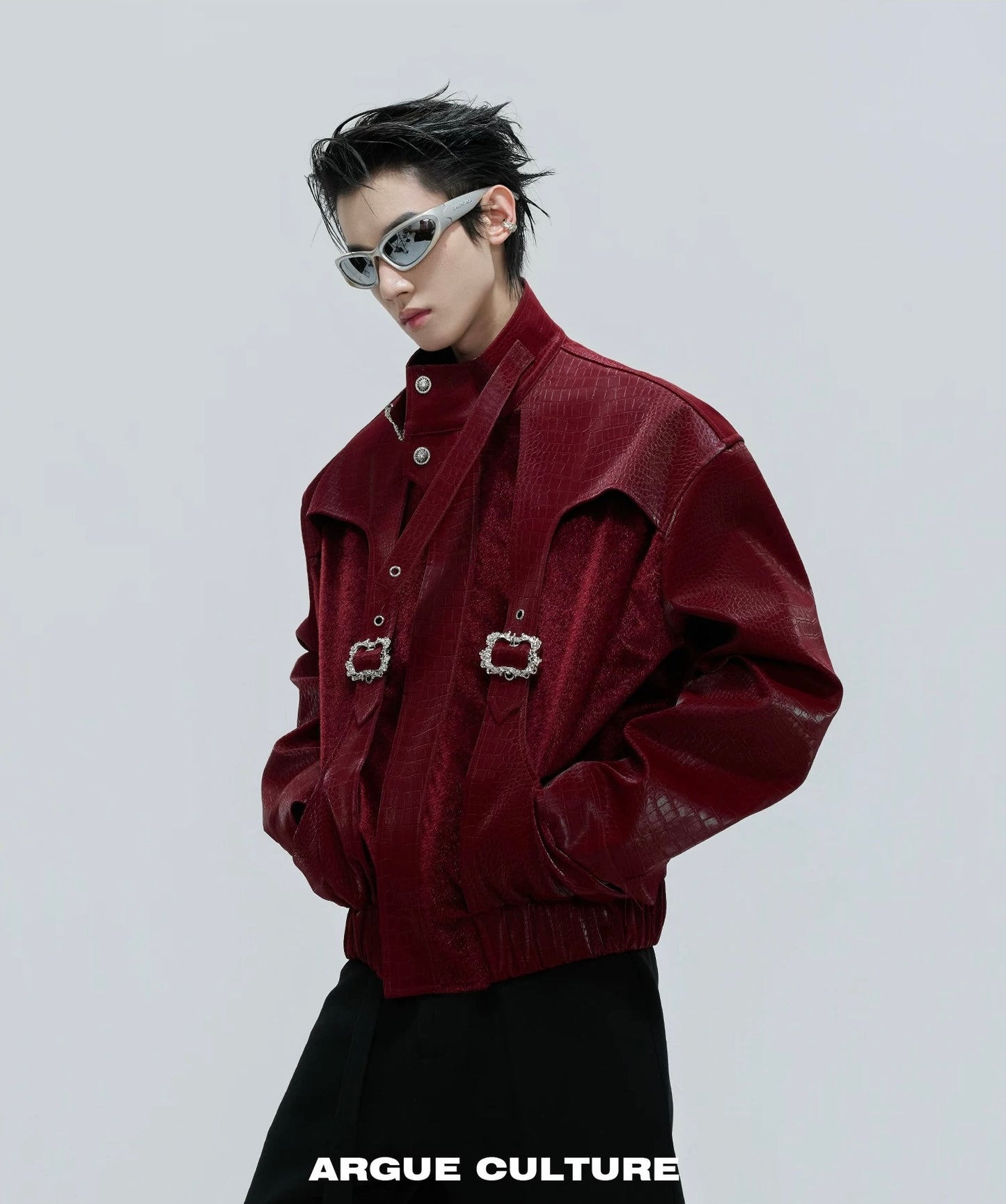 Decadent crystalline buckle rigid draping jacket