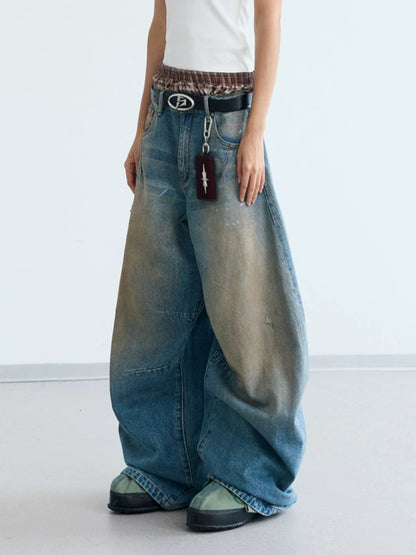 Yellow mud dyeed curved knife wide denim pants