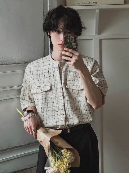 Fragrant breeze textured grid check short sleeve shirt