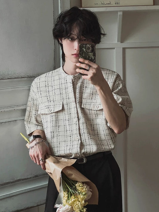 Fragrant breeze textured grid check short sleeve shirt